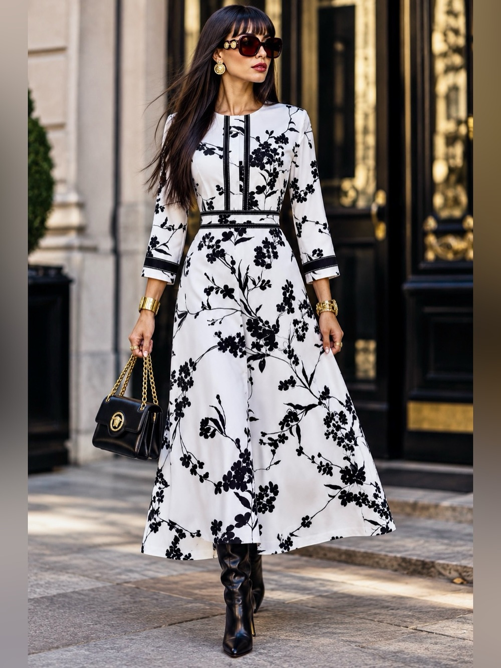 HOMEYEE Black & White Floral Retro-Inspired Midi Dress Size 12